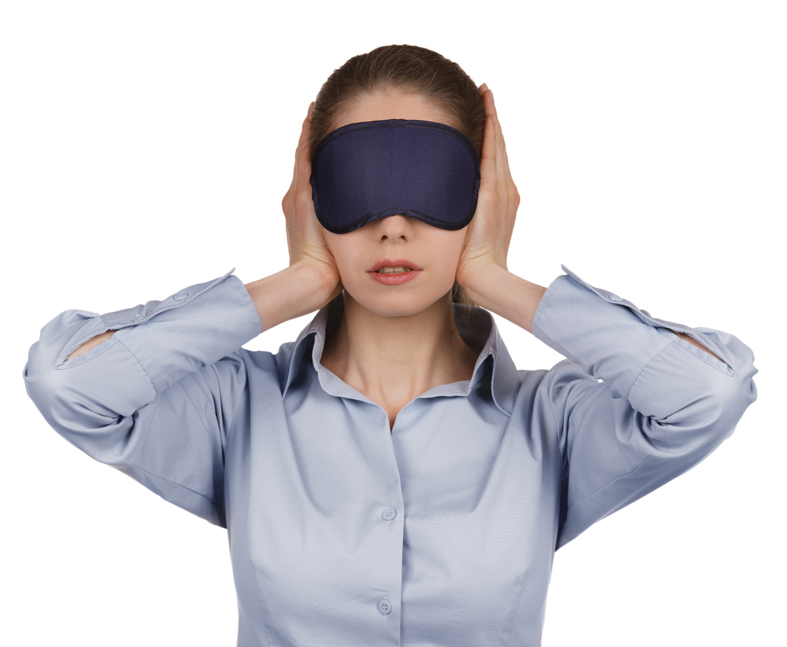 Girl blindfolded stopped up their ears